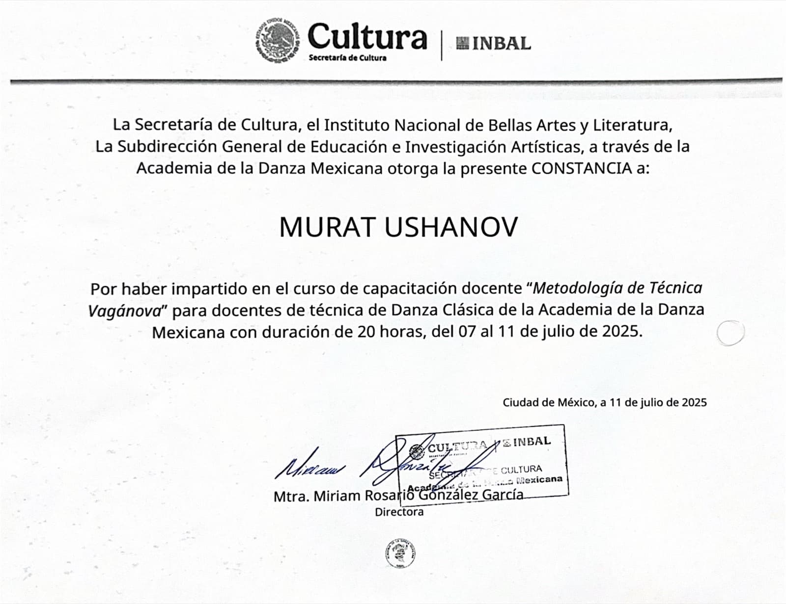 Certificate from the Ministry of Culture and INBAL